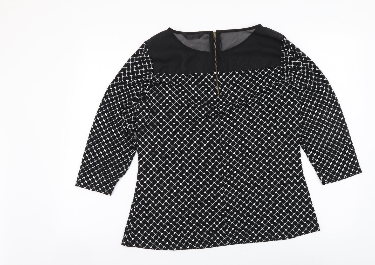 BHS Womens Black Geometric Viscose Basic Blouse Size 16 Boat Neck