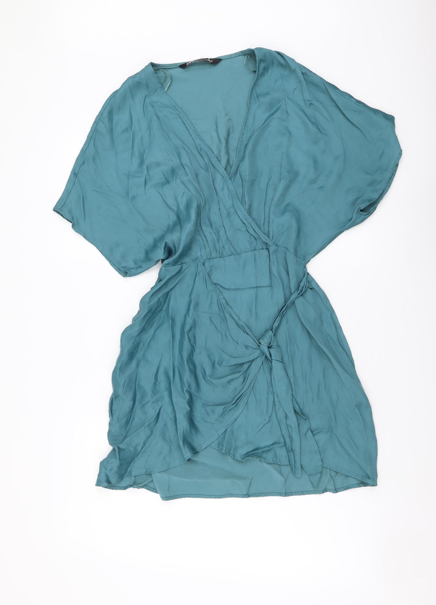 Zara Womens Blue Polyester Wrap Dress Size XS V-Neck Tie