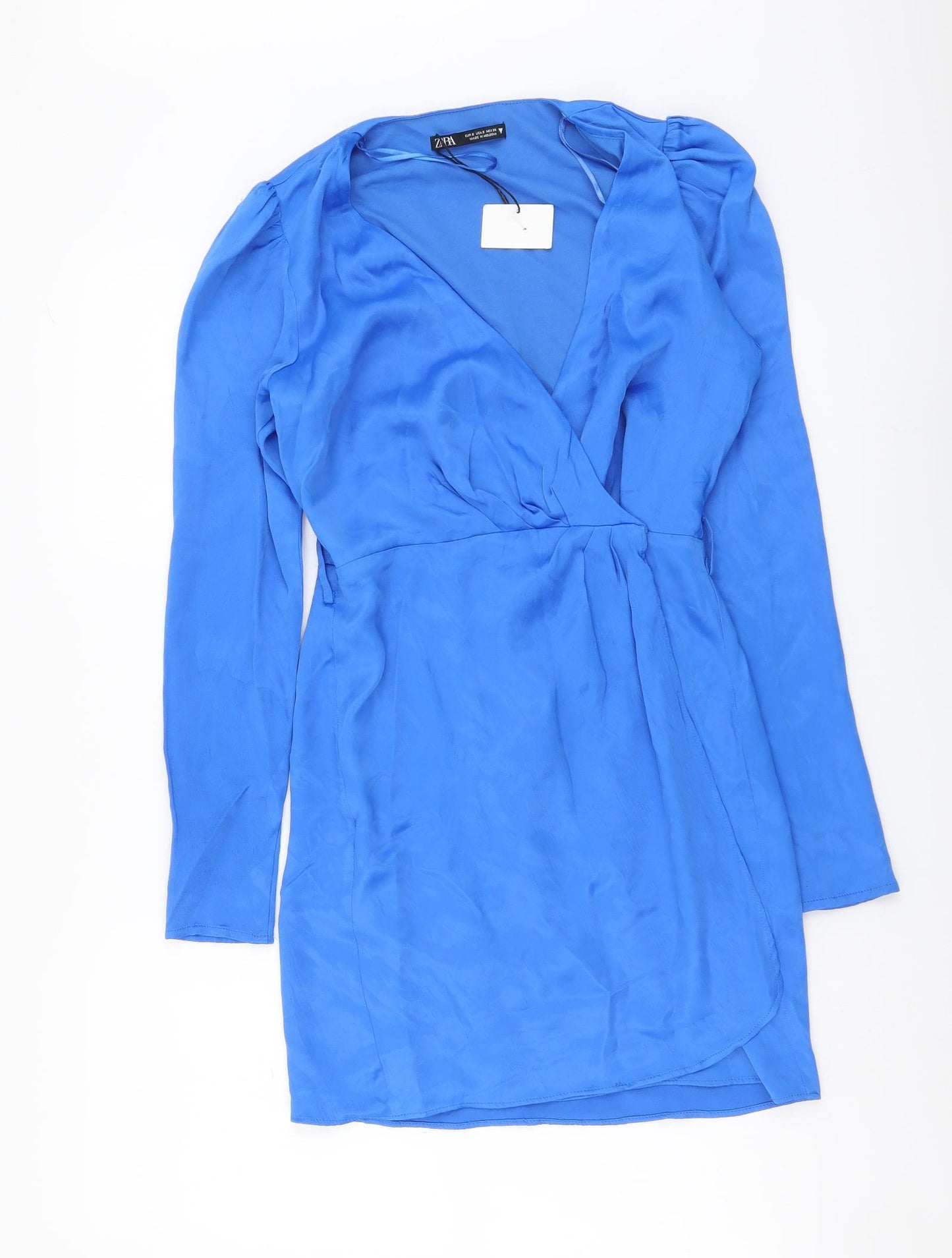 Zara Womens Blue Polyester Wrap Dress Size S V-Neck Tie