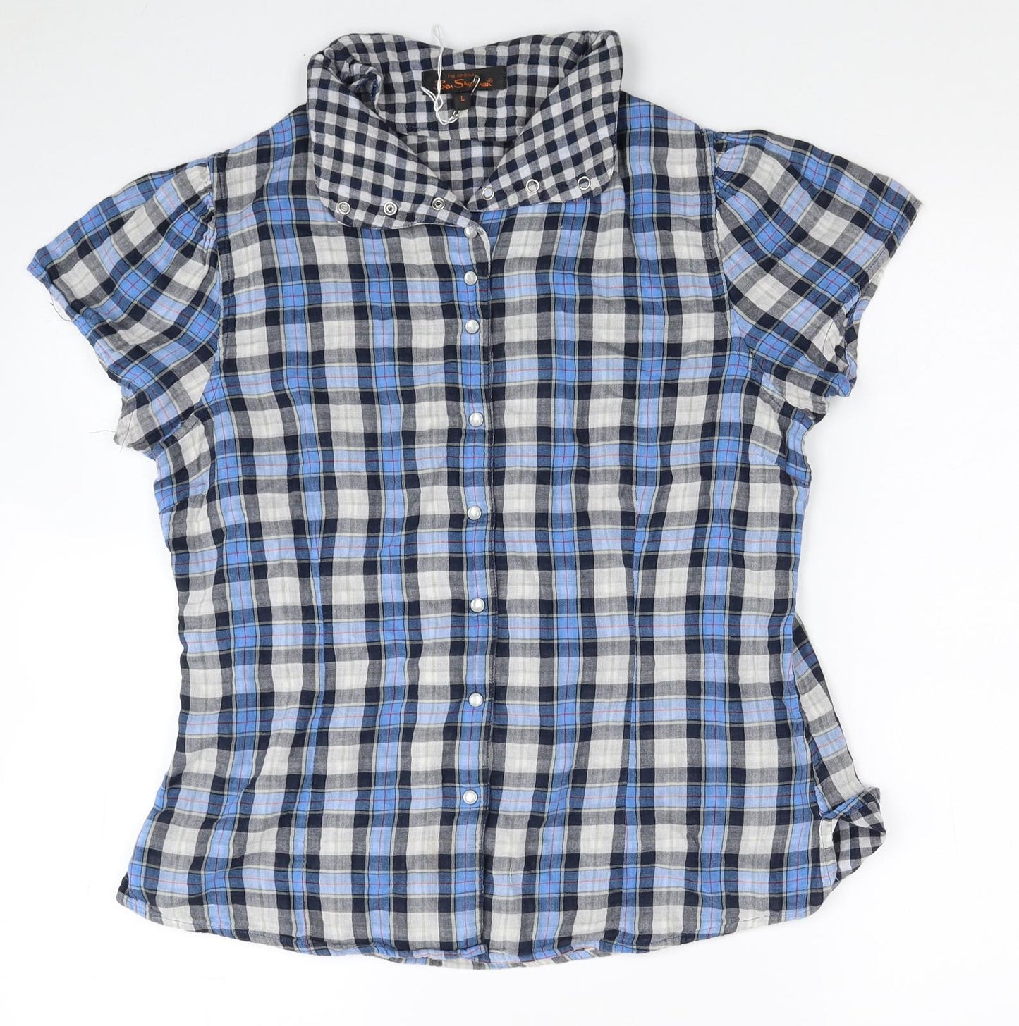 Ben Sherman Womens Blue Plaid Cotton Basic Button-Up Size L Collared