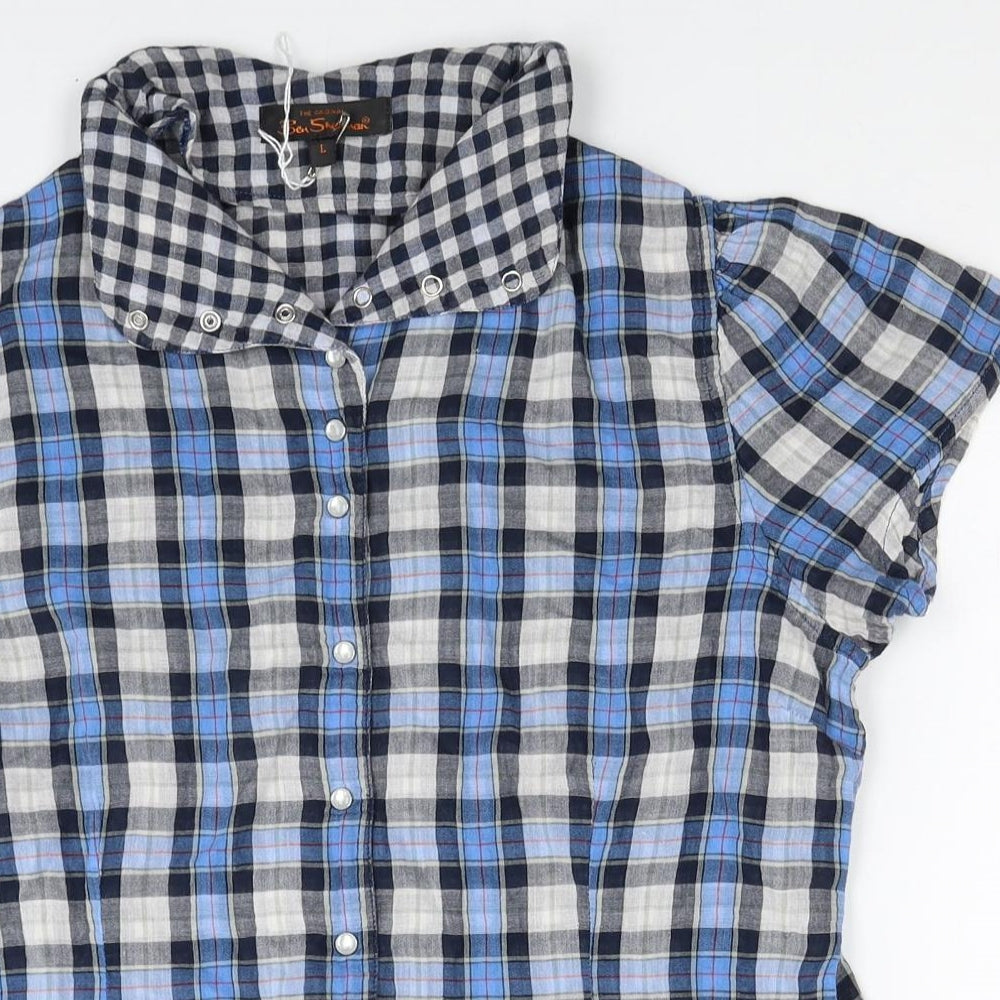 Ben Sherman Womens Blue Plaid Cotton Basic Button-Up Size L Collared