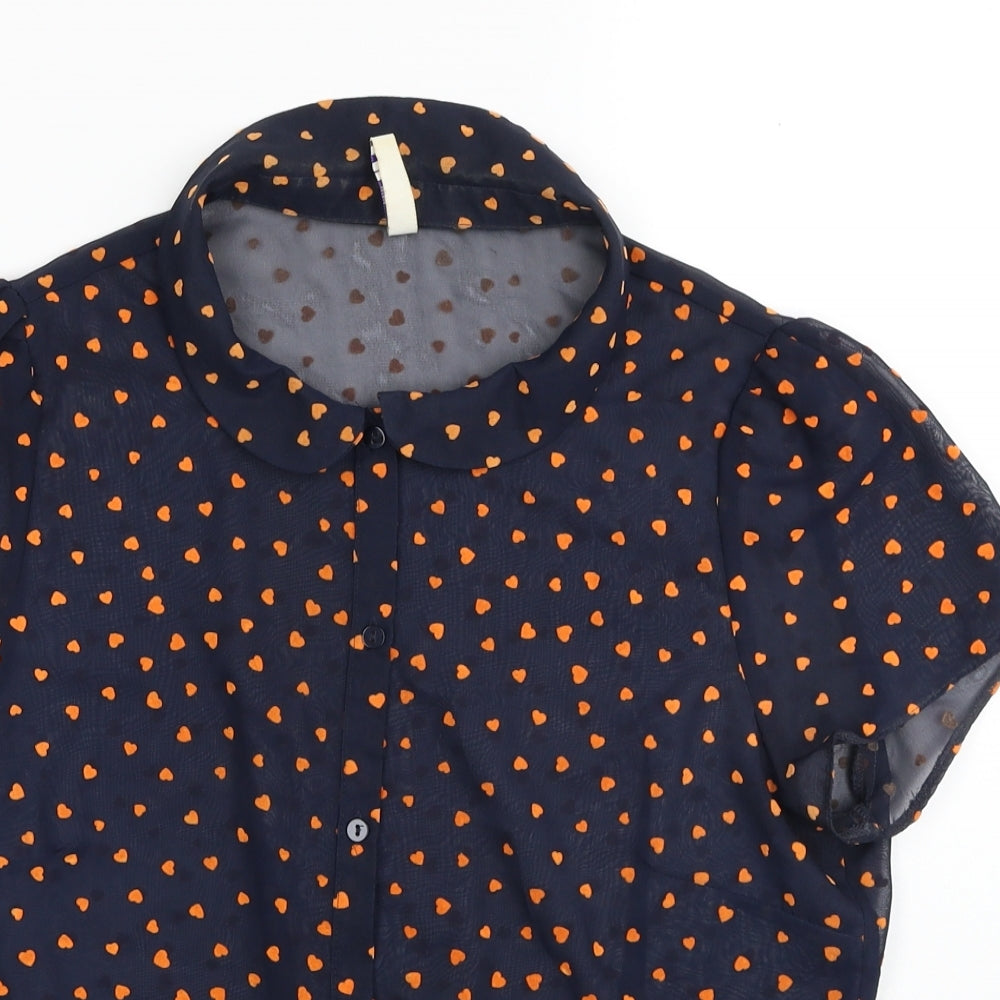 Henry Holland Womens Blue Geometric Polyester Basic Button-Up Size 12 Collared - Heart patten