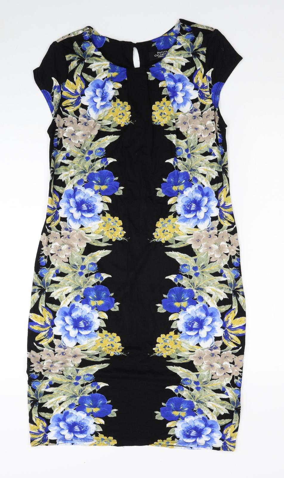 Debenhams Womens Black Floral Viscose Pencil Dress Size 12 Scoop Neck Button
