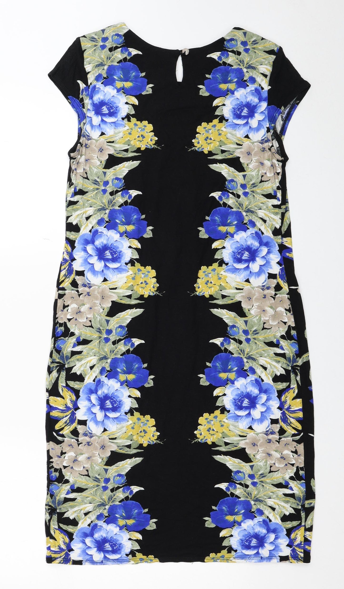 Debenhams Womens Black Floral Viscose Pencil Dress Size 12 Scoop Neck Button