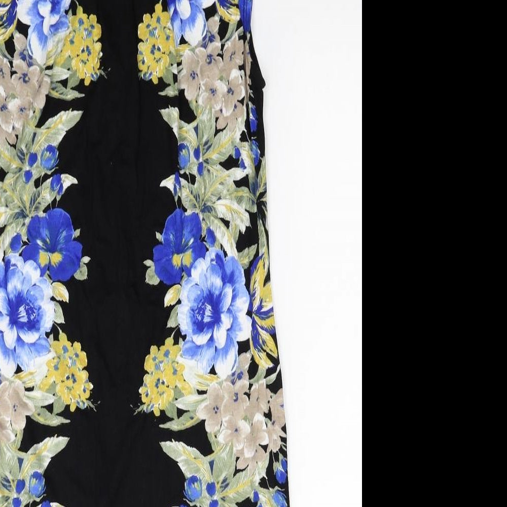 Debenhams Womens Black Floral Viscose Pencil Dress Size 12 Scoop Neck Button