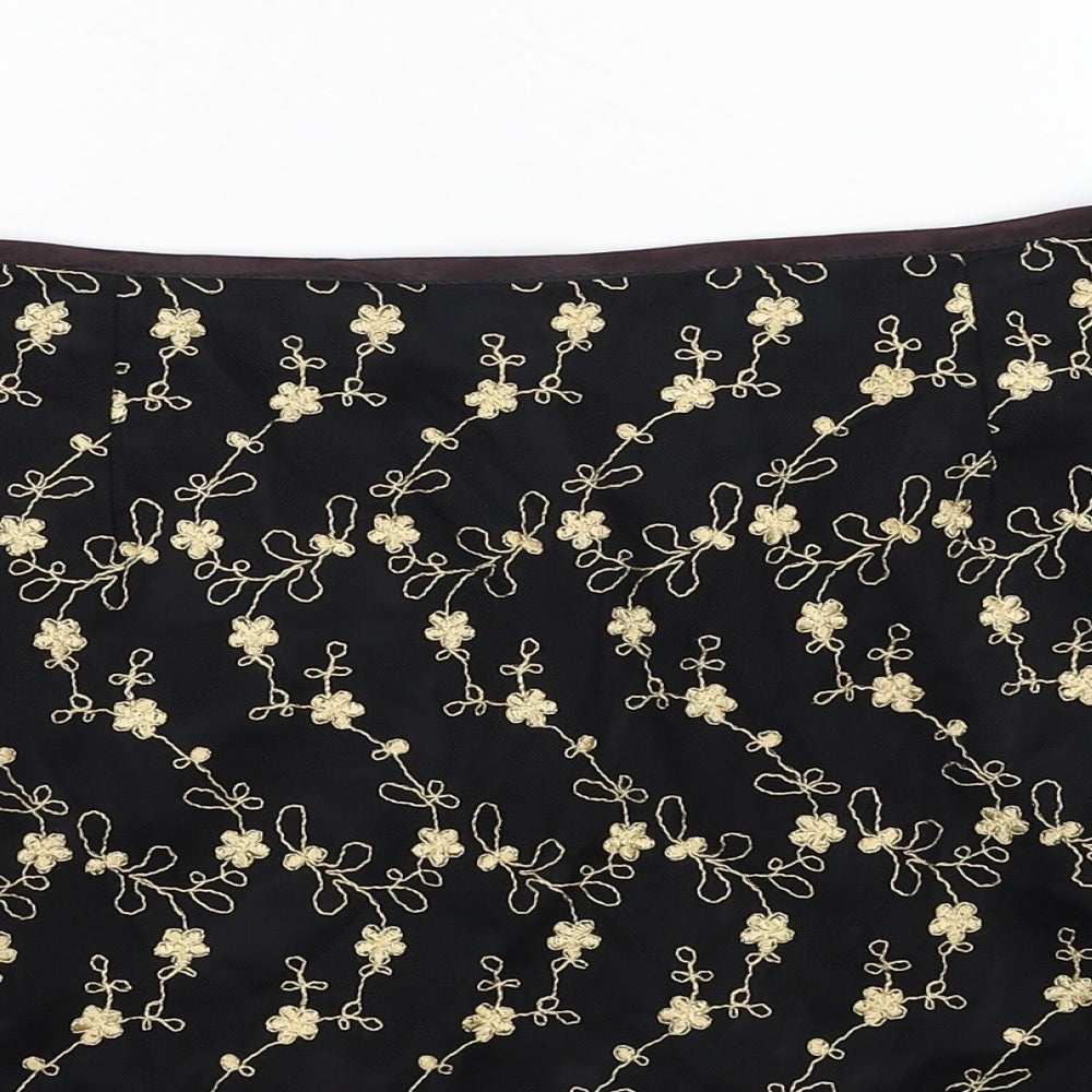 River Island Womens Black Floral Nylon Mini Skirt Size 14 Zip