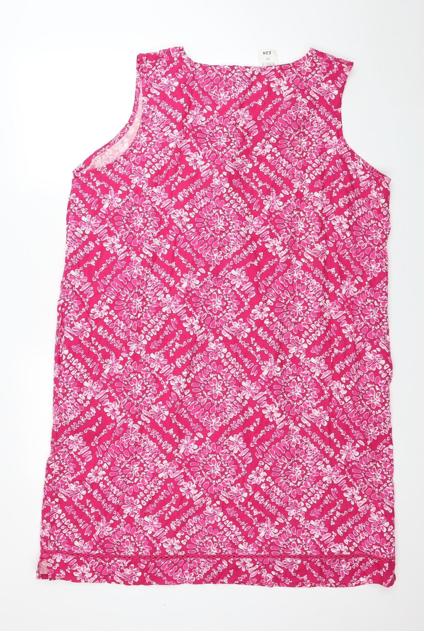 Bonmarché Womens Pink Floral Linen Tank Dress Size 22 Square Neck Pullover - Lace Detail