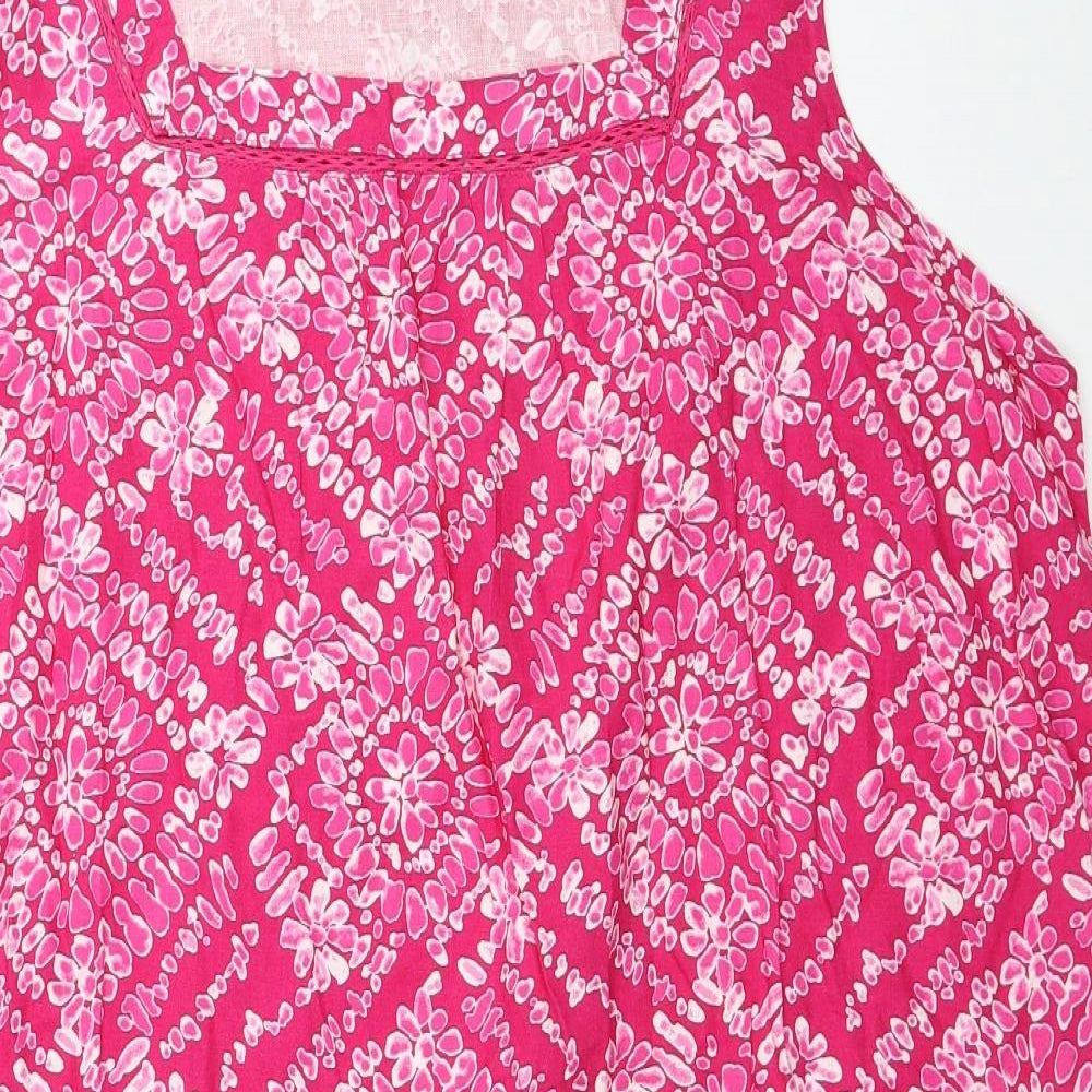 Bonmarché Womens Pink Floral Linen Tank Dress Size 22 Square Neck Pullover - Lace Detail