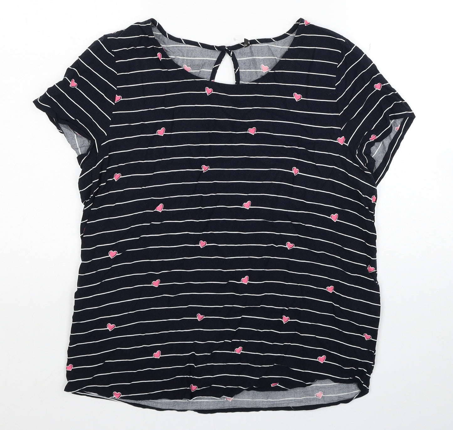 Only Womens Blue Striped Viscose Basic T-Shirt Size 10 Scoop Neck - Heart patten