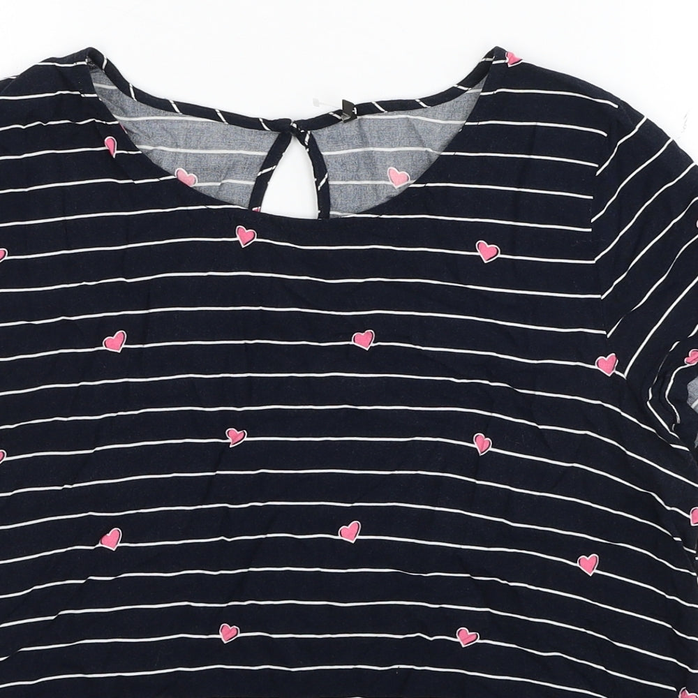 Only Womens Blue Striped Viscose Basic T-Shirt Size 10 Scoop Neck - Heart patten
