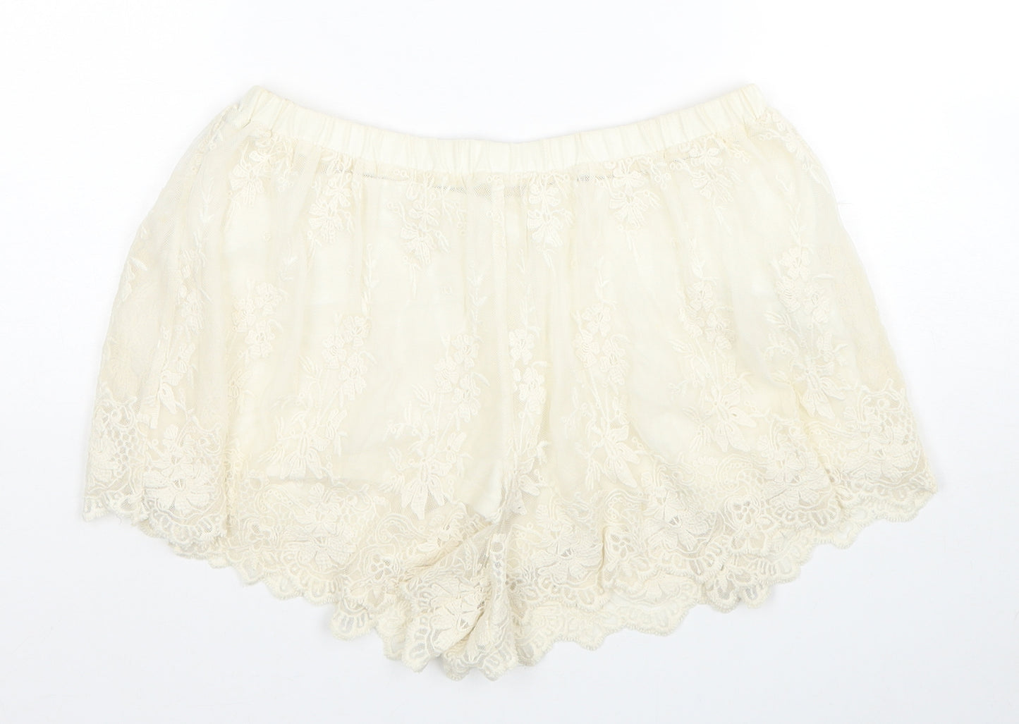 Zara Womens Ivory Floral Polyester Hot Pants Shorts Size S L4 in Regular Pull On