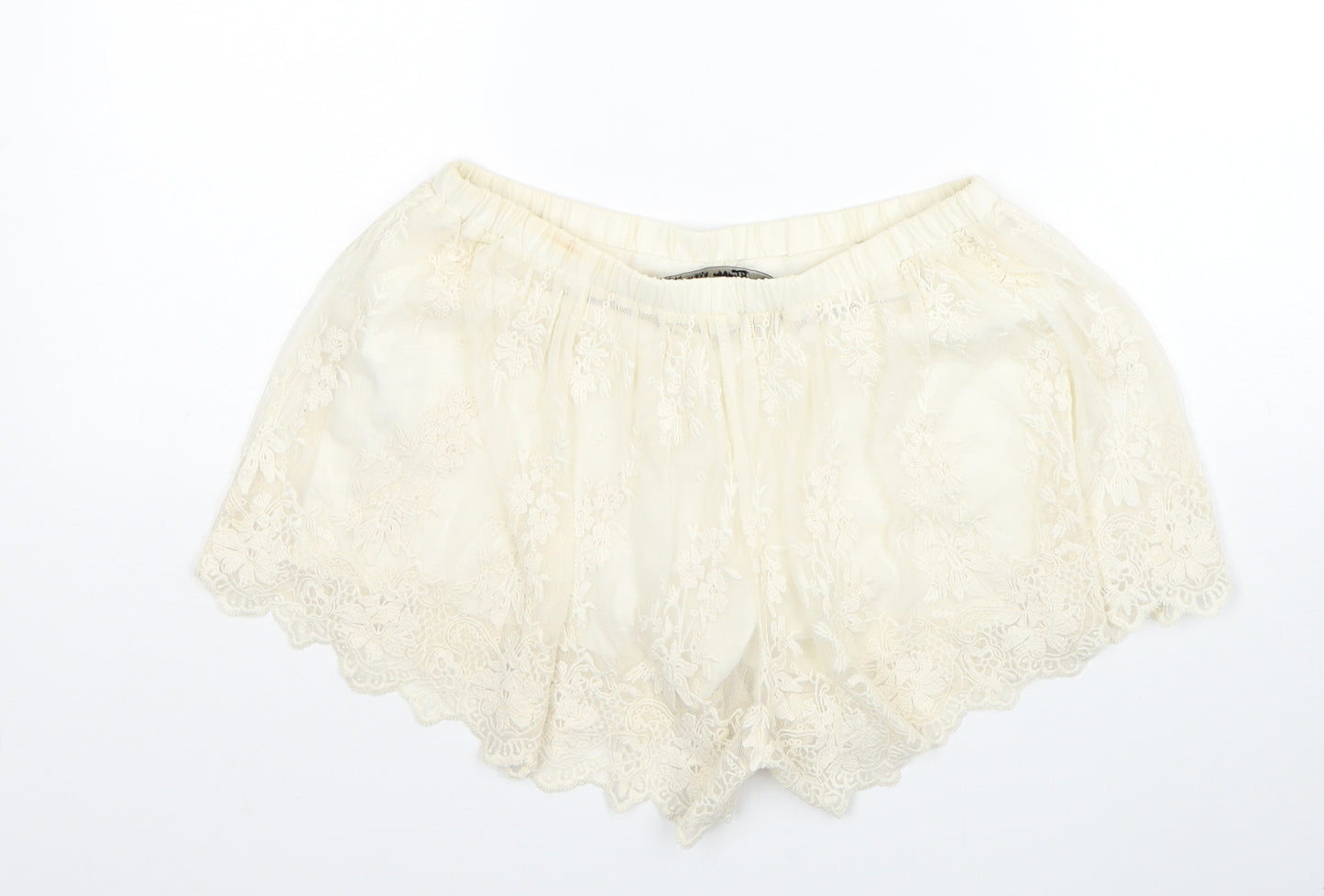 Zara Womens Ivory Floral Polyester Hot Pants Shorts Size S L4 in Regular Pull On