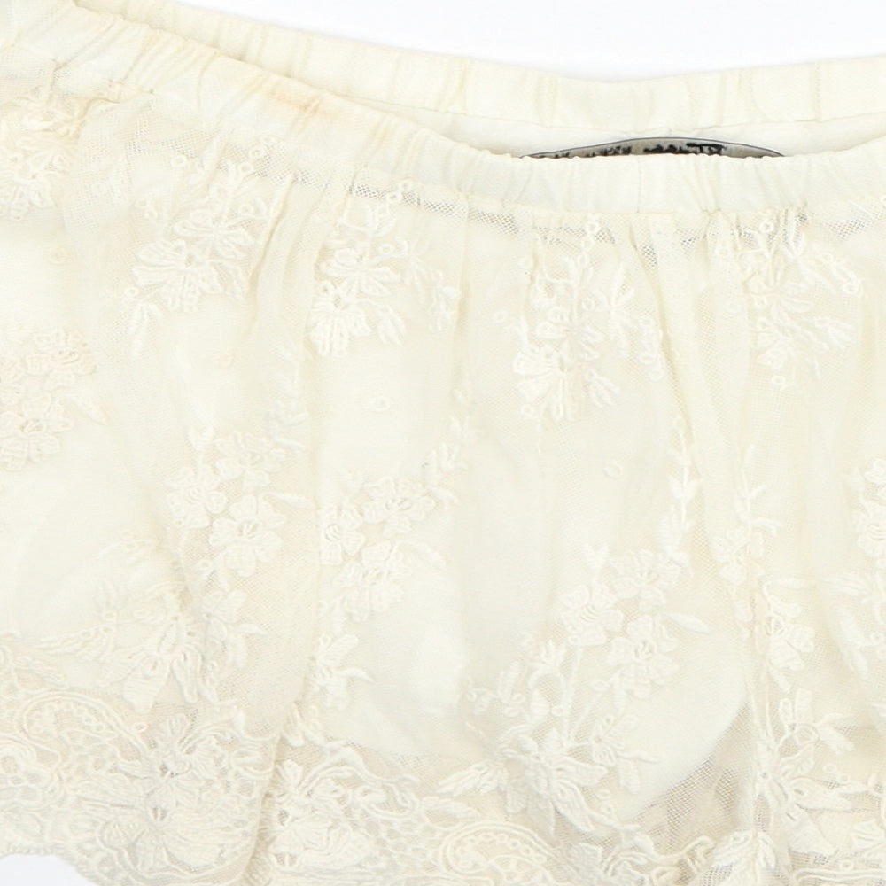 Zara Womens Ivory Floral Polyester Hot Pants Shorts Size S L4 in Regular Pull On