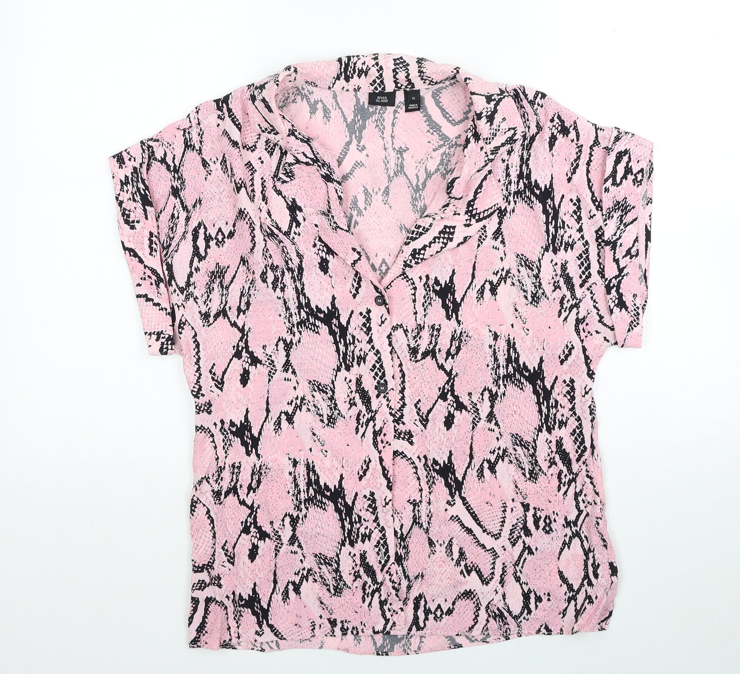 River Island Womens Pink Animal Print Viscose Basic Button-Up Size 12 Collared - Snake Pattern