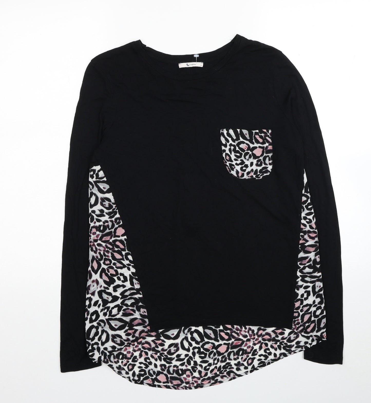 TU Womens Black Animal Print Viscose Basic Blouse Size 8 Round Neck - Leopard Print