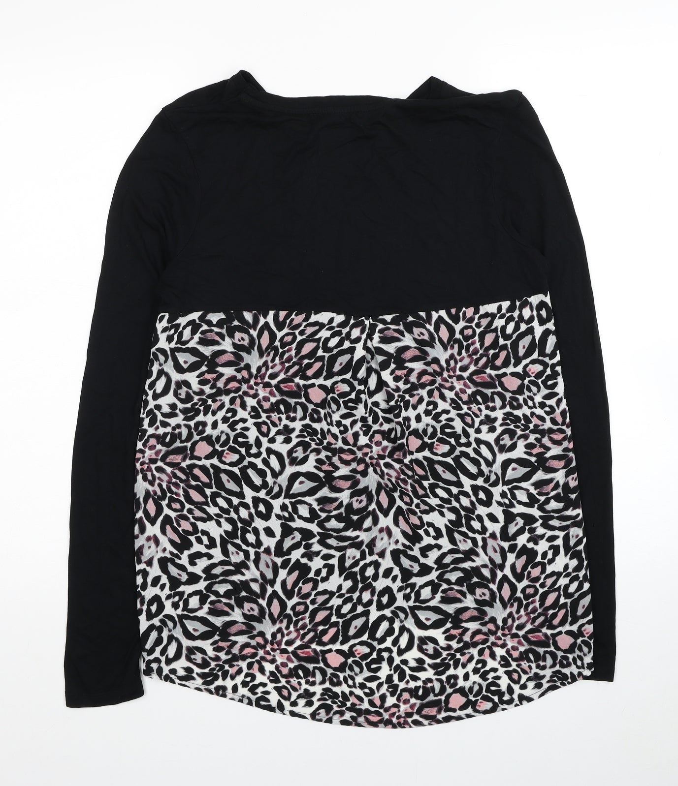 TU Womens Black Animal Print Viscose Basic Blouse Size 8 Round Neck - Leopard Print