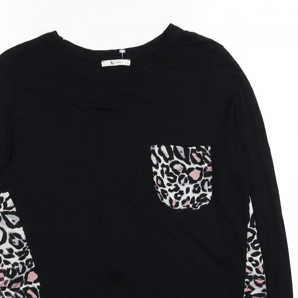 TU Womens Black Animal Print Viscose Basic Blouse Size 8 Round Neck - Leopard Print
