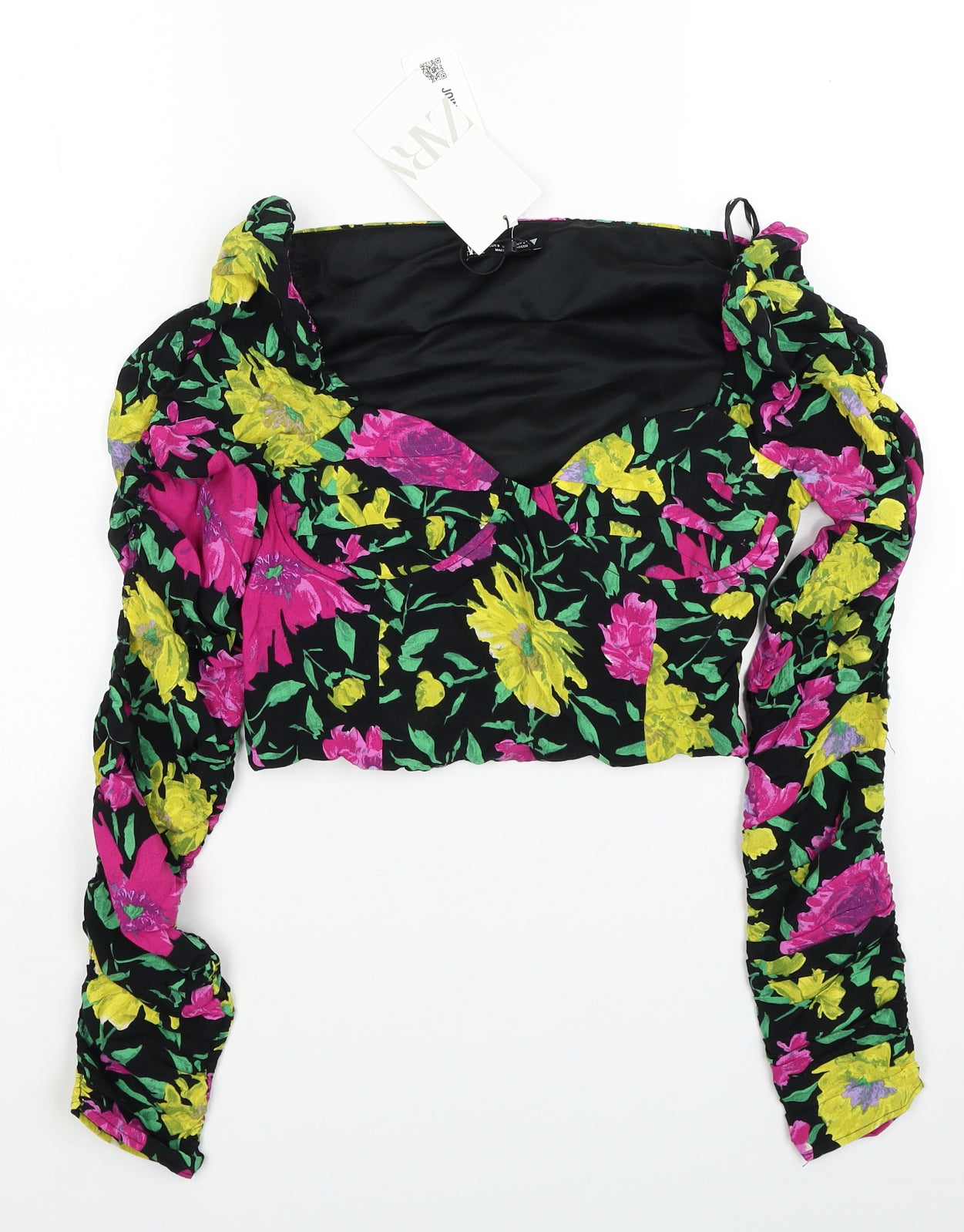 Zara Womens Multicoloured Floral Viscose Cropped Blouse Size S Sweetheart