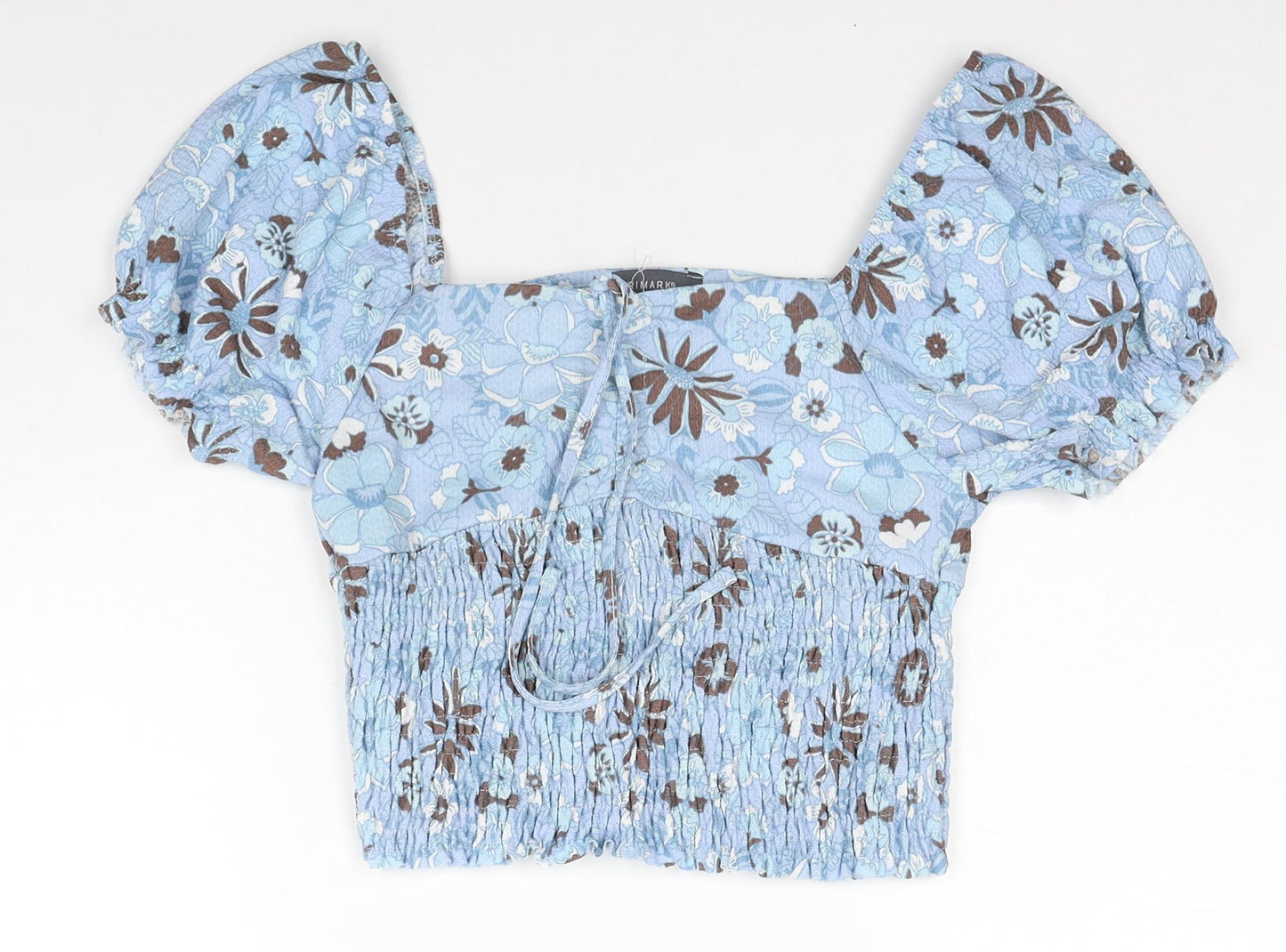 Primark Womens Blue Floral Polyester Cropped Blouse Size 12 Square Neck - Size 12-14