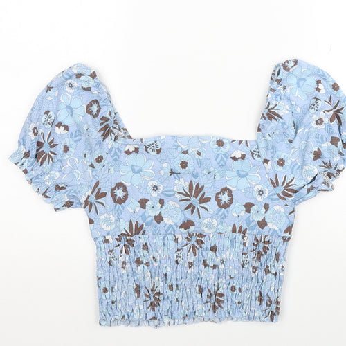 Primark Womens Blue Floral Polyester Cropped Blouse Size 12 Square Neck - Size 12-14