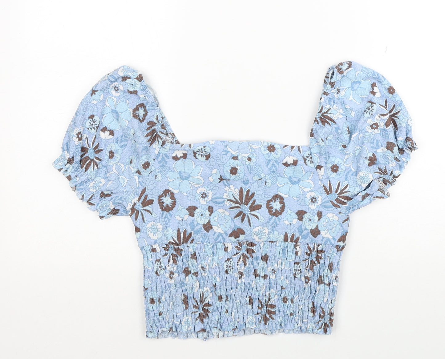 Primark Womens Blue Floral Polyester Cropped Blouse Size 12 Square Neck - Size 12-14