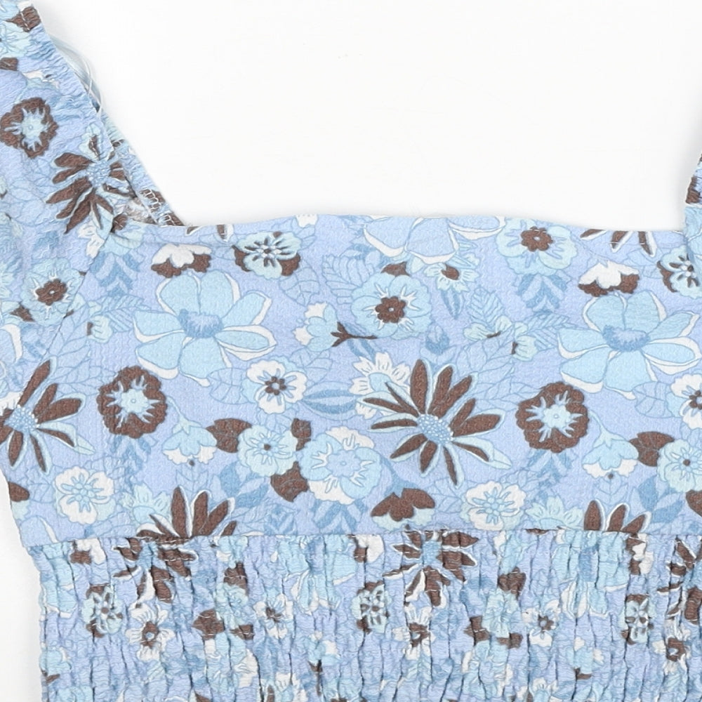 Primark Womens Blue Floral Polyester Cropped Blouse Size 12 Square Neck - Size 12-14