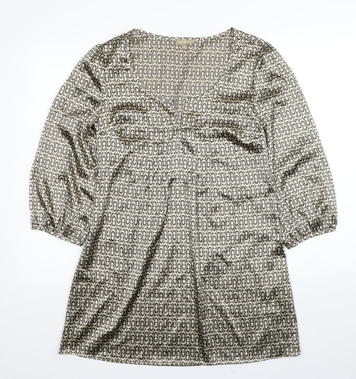 M&Co Womens Beige Geometric Polyester A-Line Size 10 Scoop Neck Pullover