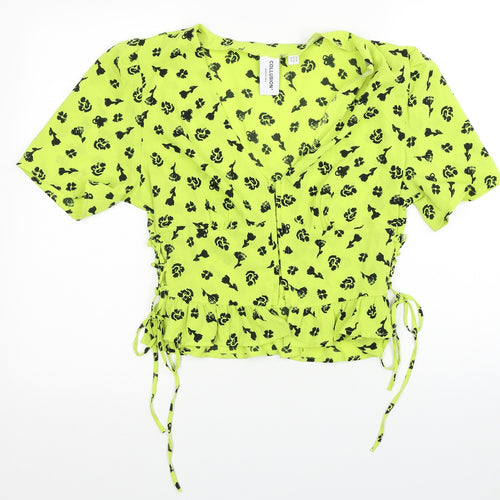 COLLUSION Womens Green Floral Polyester Basic Blouse Size 16 V-Neck