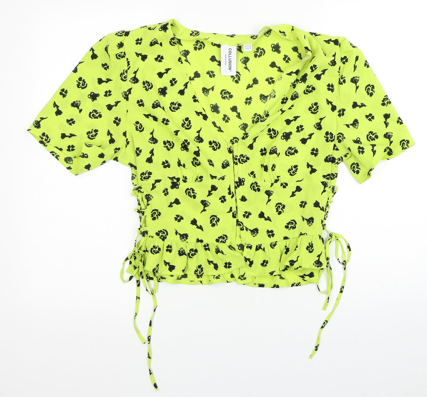 COLLUSION Womens Green Floral Polyester Basic Blouse Size 16 V-Neck