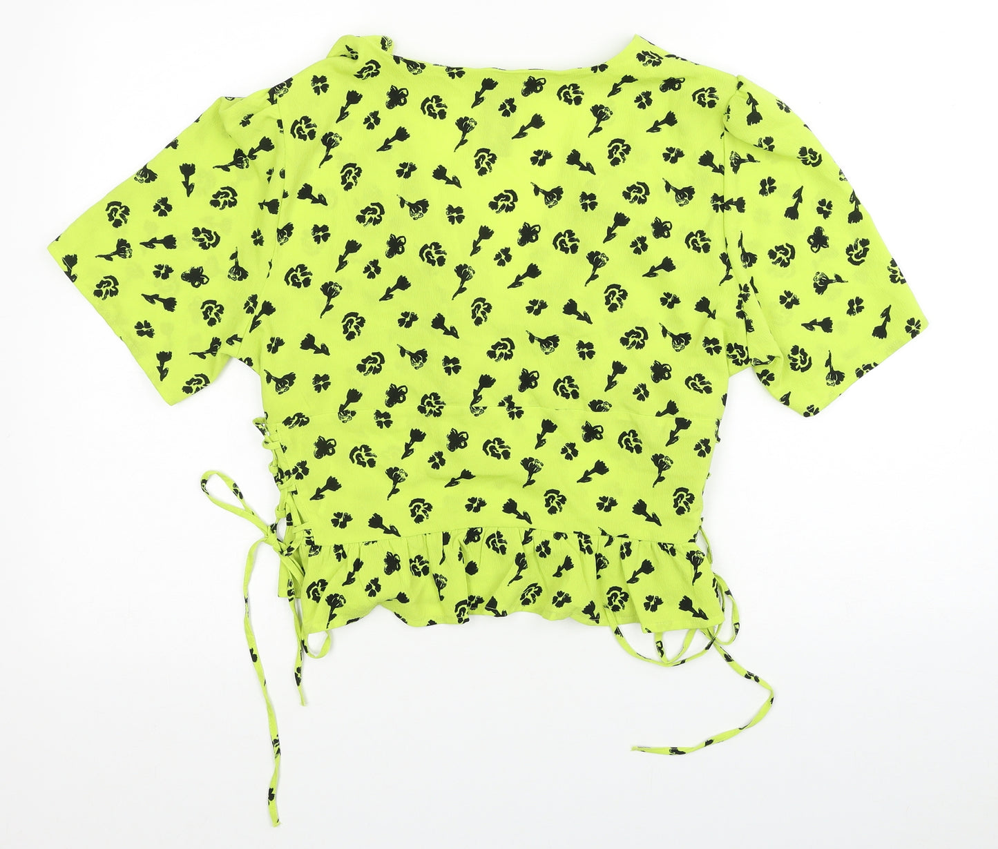 COLLUSION Womens Green Floral Polyester Basic Blouse Size 16 V-Neck