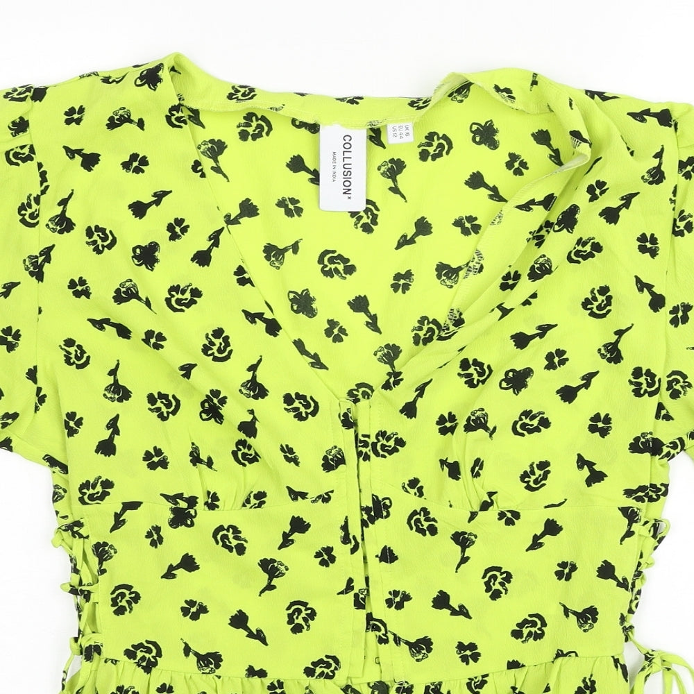 COLLUSION Womens Green Floral Polyester Basic Blouse Size 16 V-Neck