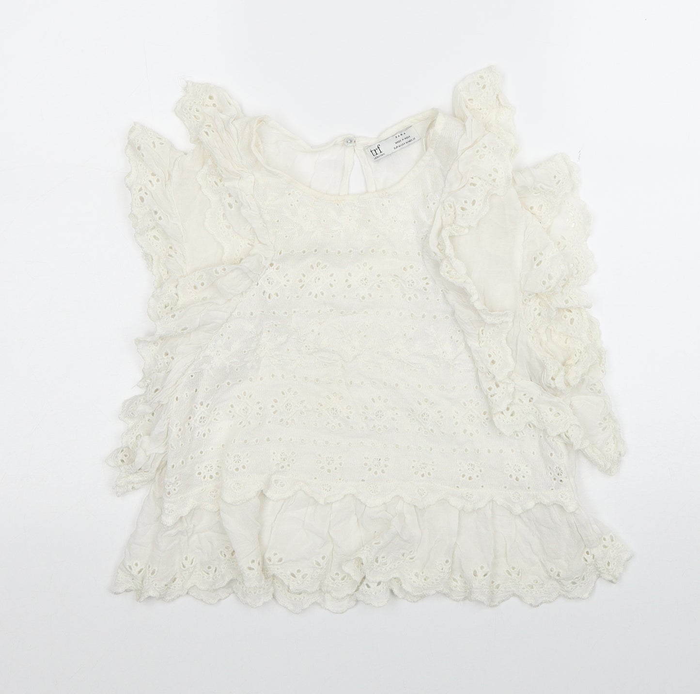 Zara Womens White Geometric Viscose Basic Blouse Size M Scoop Neck