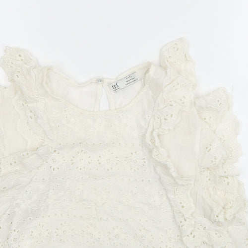 Zara Womens White Geometric Viscose Basic Blouse Size M Scoop Neck