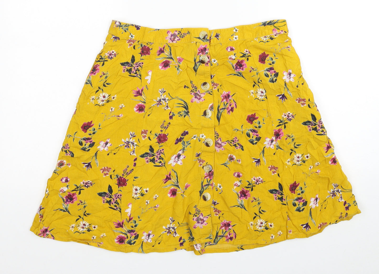 NEXT Womens Yellow Floral Viscose A-Line Skirt Size 14 Button