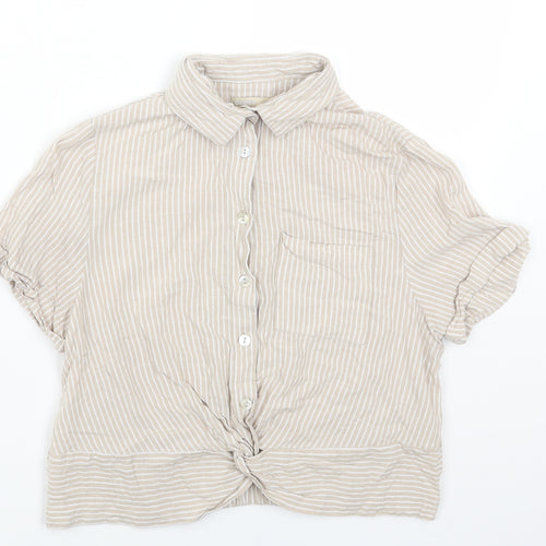 Cropp Womens Beige Striped Viscose Cropped Button-Up Size XS Collared