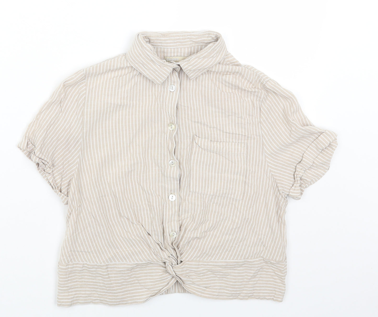 Cropp Womens Beige Striped Viscose Cropped Button-Up Size XS Collared