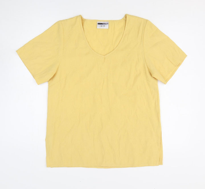 Sara Womens Yellow Floral Polyester Basic T-Shirt Size 10 Scoop Neck - Size 10-12