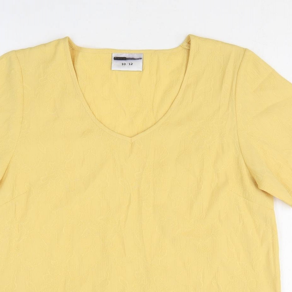Sara Womens Yellow Floral Polyester Basic T-Shirt Size 10 Scoop Neck - Size 10-12