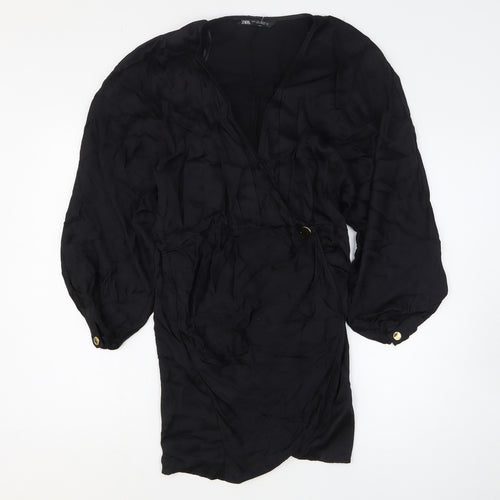 Zara Womens Black Viscose Shirt Dress Size M V-Neck Pullover