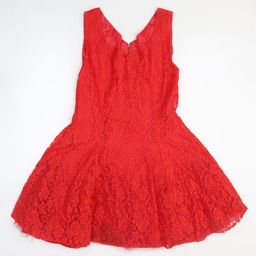 Preworn Womens Red Floral Polyester Fit & Flare Size M Sweetheart Zip