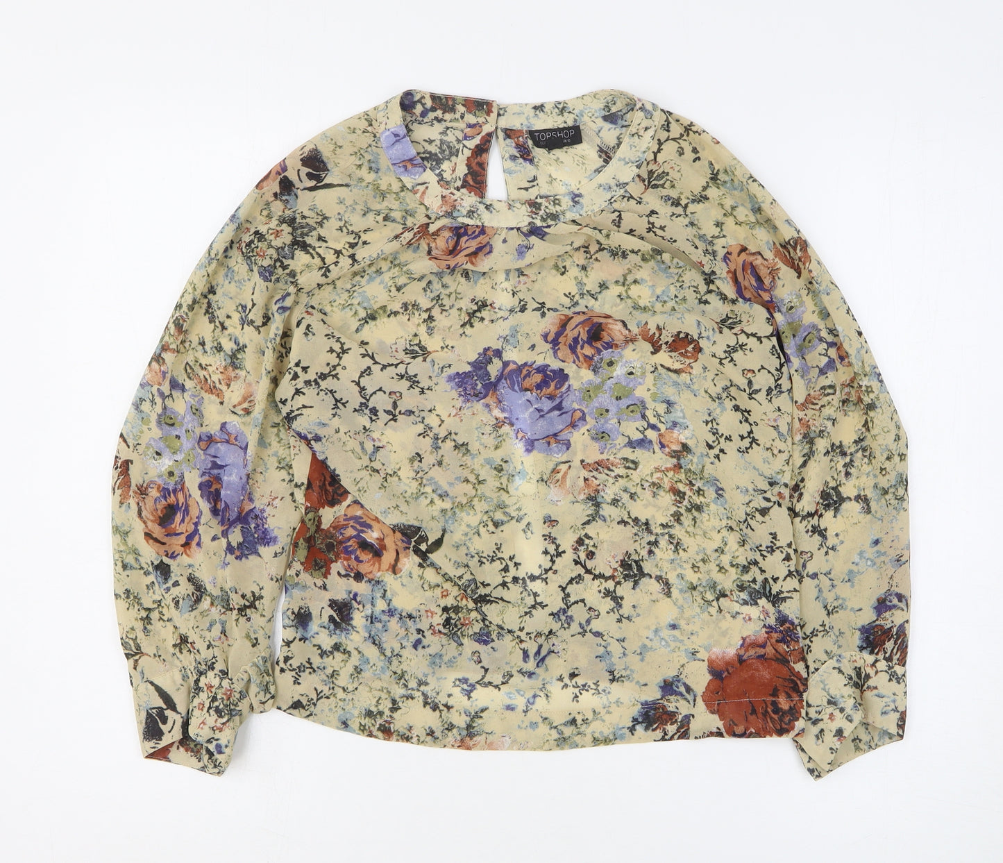 Topshop Womens Beige Floral Polyester Basic Blouse Size 10 Round Neck