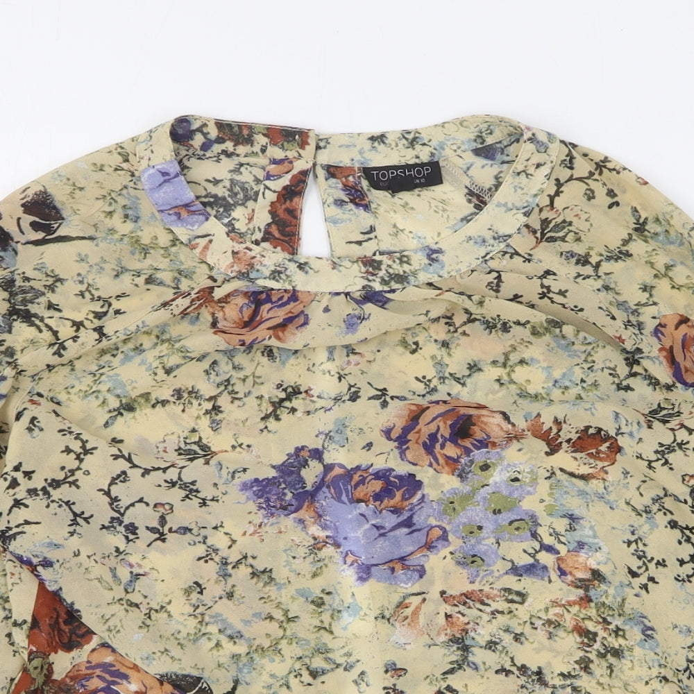Topshop Womens Beige Floral Polyester Basic Blouse Size 10 Round Neck