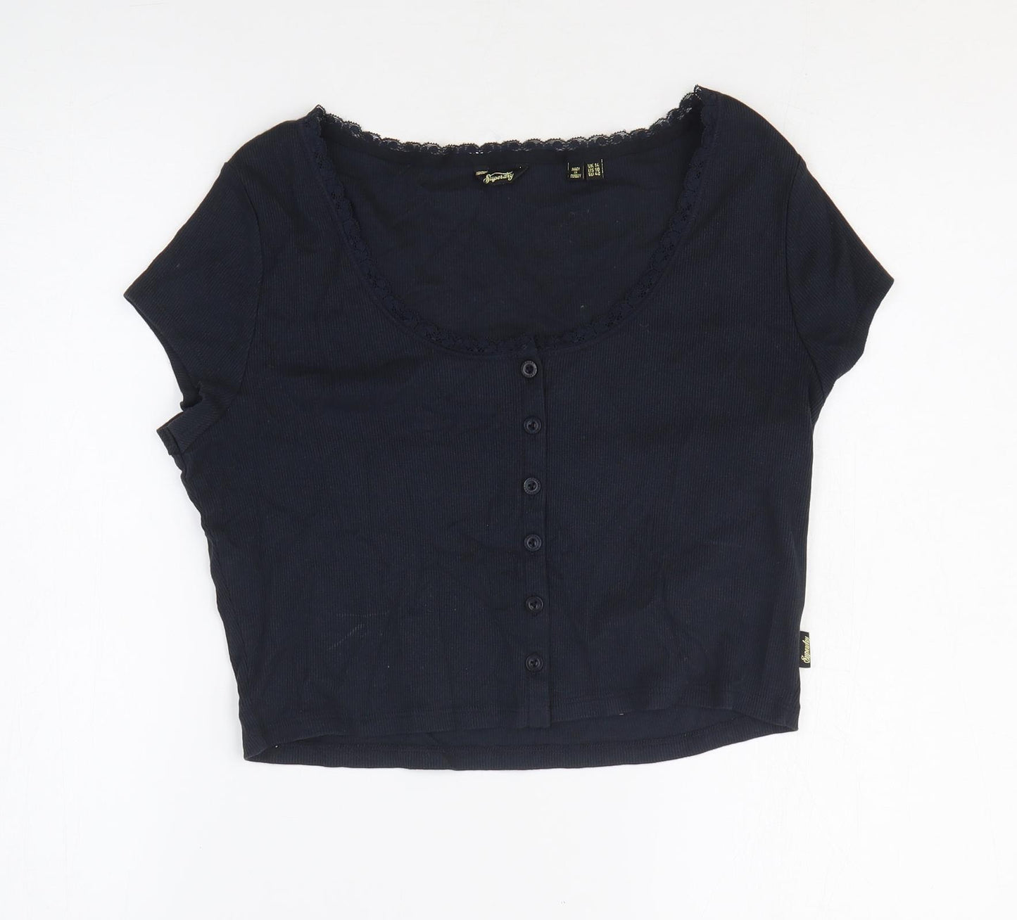 Superdry Womens Blue Cotton Cropped T-Shirt Size 14 Scoop Neck