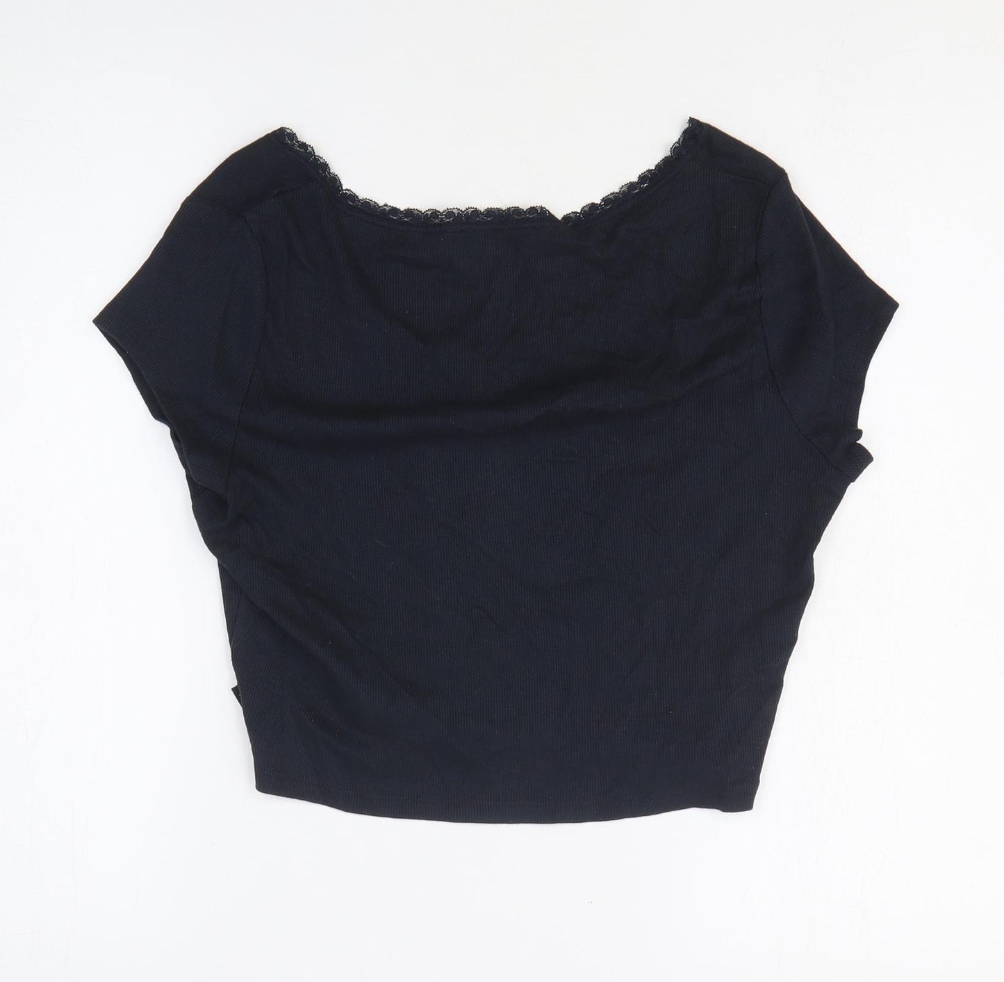 Superdry Womens Blue Cotton Cropped T-Shirt Size 14 Scoop Neck