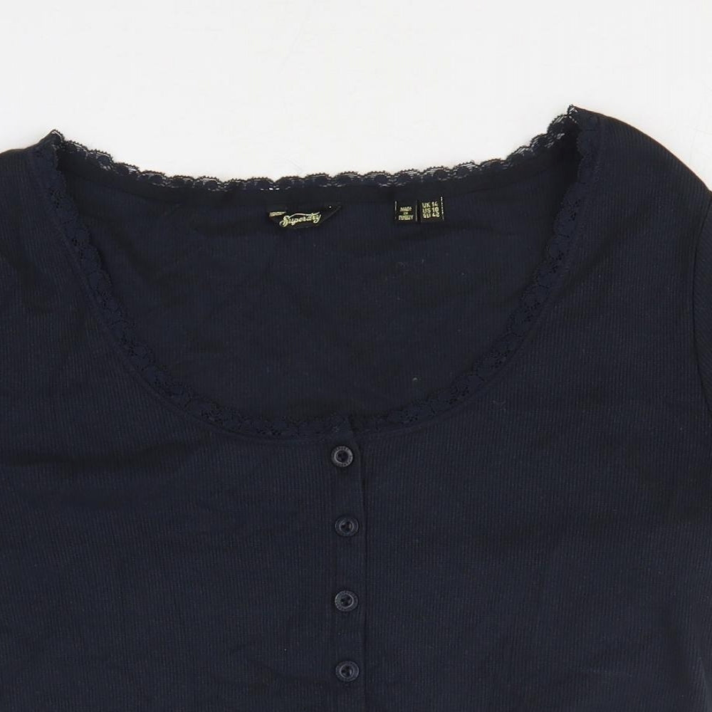 Superdry Womens Blue Cotton Cropped T-Shirt Size 14 Scoop Neck