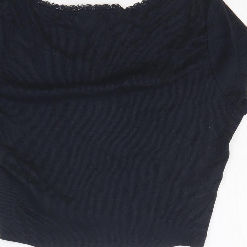 Superdry Womens Blue Cotton Cropped T-Shirt Size 14 Scoop Neck