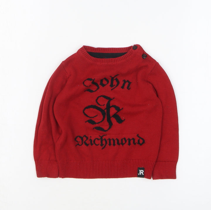 John Richmond Boys Red Cotton Basic T-Shirt Size 9-12 Months Crew Neck Pullover