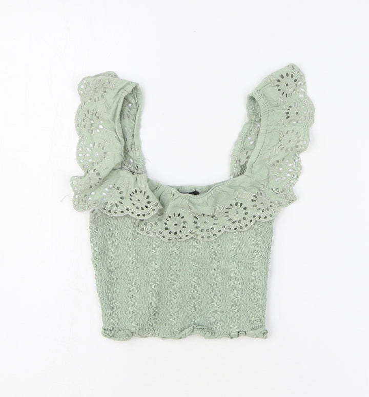 New Look Girls Green Viscose Cropped Tank Size 12 Years Square Neck Pullover