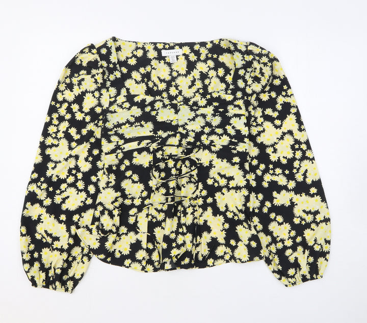 Topshop Womens Yellow Floral Polyester Basic Blouse Size 10 Square Neck