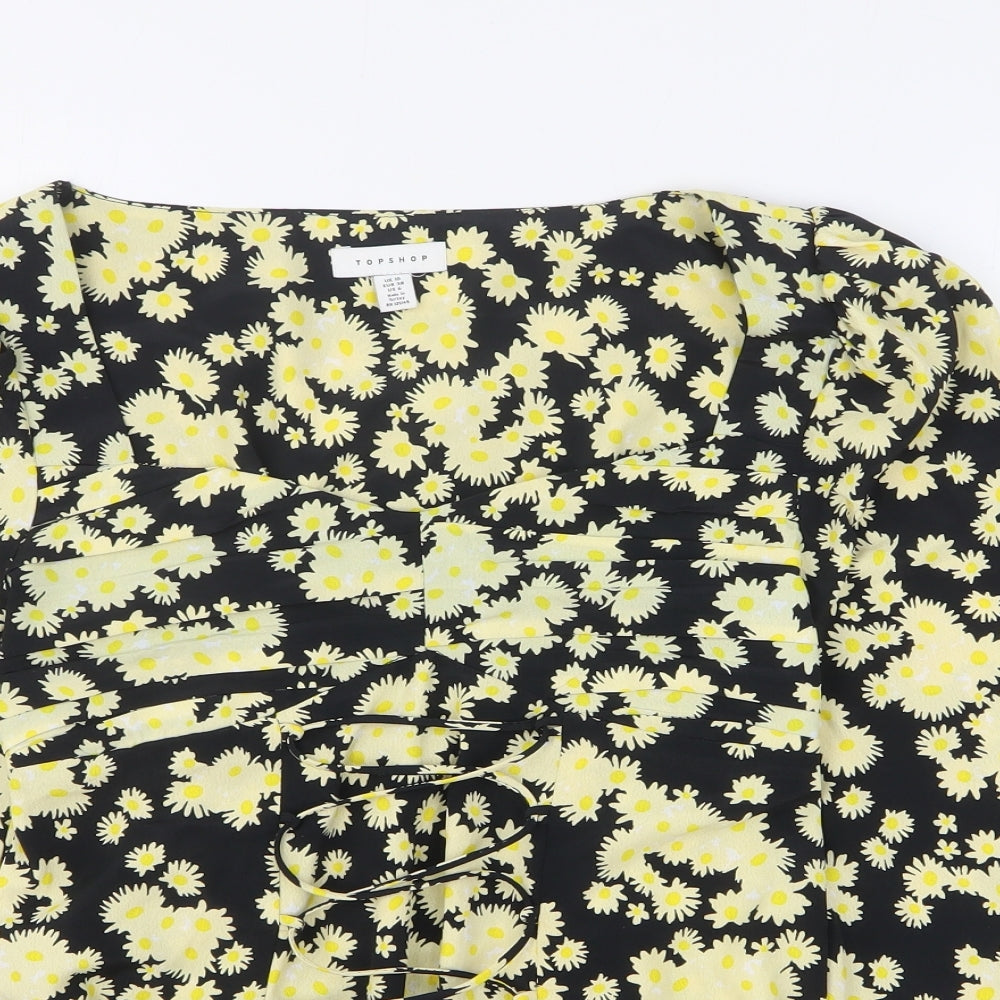 Topshop Womens Yellow Floral Polyester Basic Blouse Size 10 Square Neck
